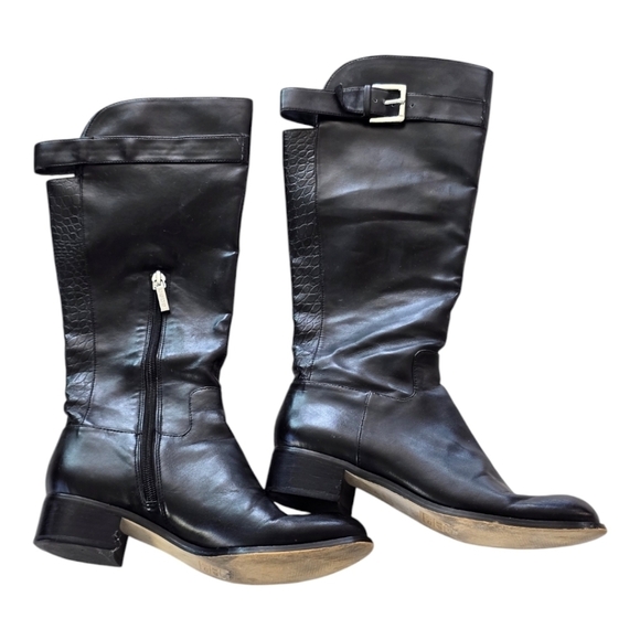 Bebe Thigh Boots Women Sz 6 Black Leather Knee Zipper Animal Print Block… - Picture 1 of 14